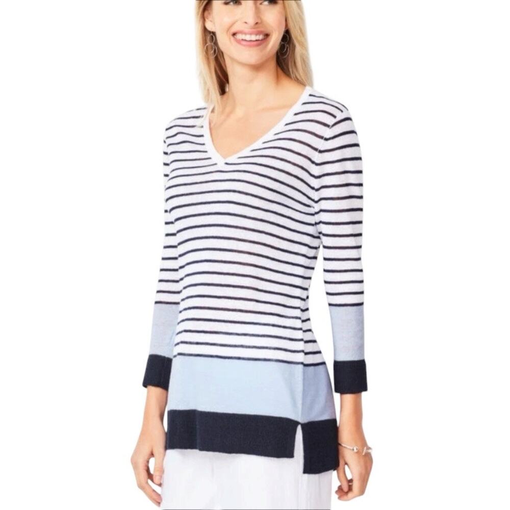 Talbots Blocked Stripe V-Neck Linen Sweater in Navy Blue and White Size Medium